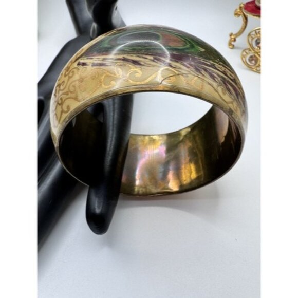 8” Hand Painted Silver on Ivory Brass Chunky Bangle Bracelet Peacock Feather - Picture 10 of 12